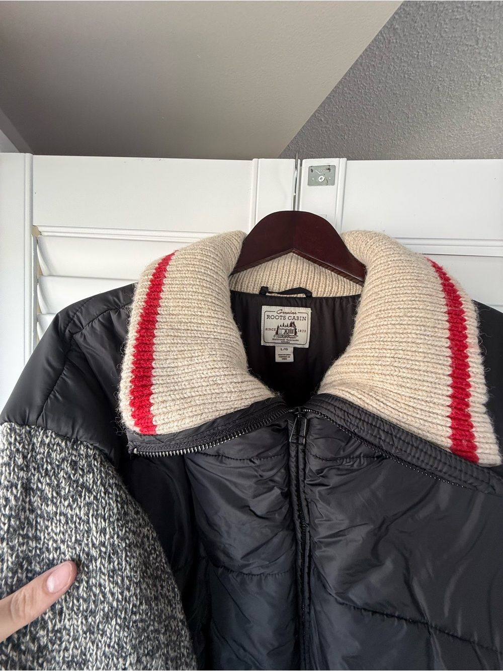 Women's Roots Black Jacket with Cream Knit Collar and Red Accent